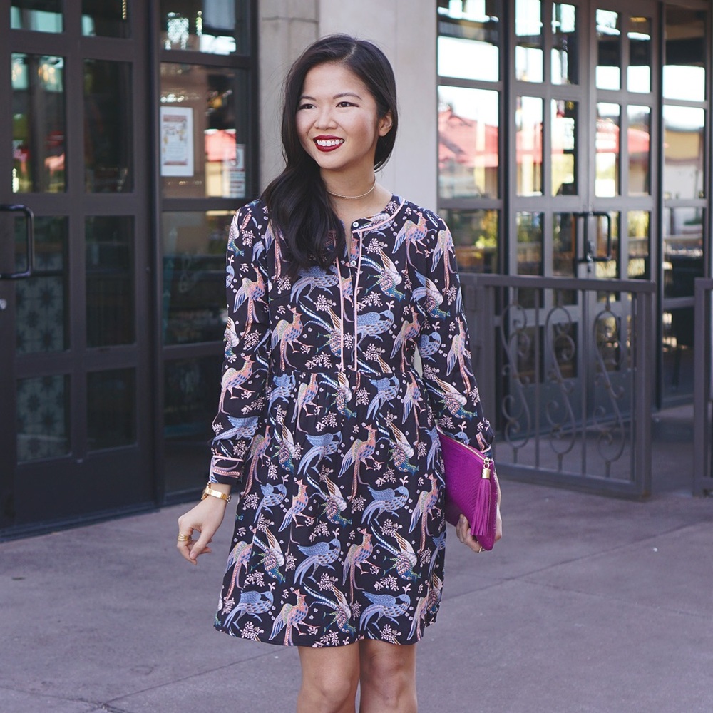 LOFT Peacock Dress Longsleeve Black Pink Blue Size 6